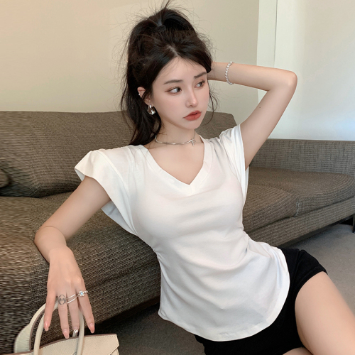 Real shot of V-neck T-shirt for women, summer design, irregular sleeveless vest, mid-length slim fit hot girl short-sleeved top