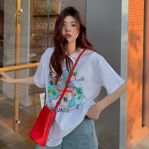 Actual shot of 100% cotton island print short-sleeved T-shirt for women loose Korean style student top