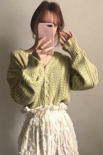 Spring and Autumn New Korean Chic Retro Hollow Lazy Style Wool Jacket Crocheted Sweater V-neck Knitted Cardigan for Women