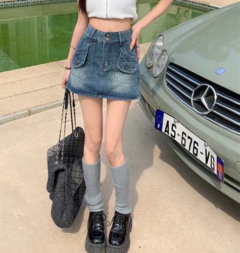 Real shot of denim skirt for women in spring new high-waisted slimming hot girl anti-exposure temperament hip-covering A-line short skirt