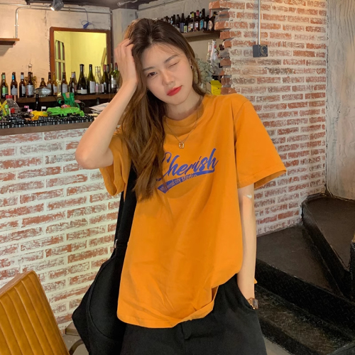 Actual shot of 200g pure cotton 2024 new Korean version loose printed letters casual short-sleeved T-shirt women's tops