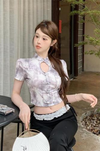 Actual shot of new Chinese tie-dye Chinese style hot girl short-sleeved T-shirt design with button-down short-sleeved T-shirt