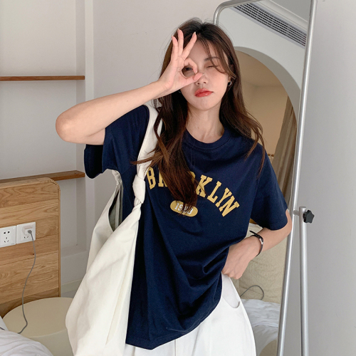 Actual shot of 200g pure cotton four-color pure cotton 2024 new summer short-sleeved female letters Korean version versatile T-shirt trend