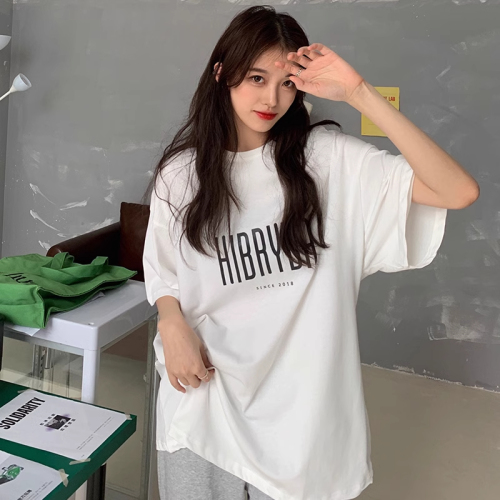 Actual shot of 100% cotton raglan back collar oversize mid-length loose letter short sleeve women's trend