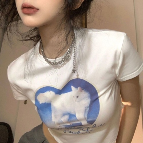 Jin Liang official picture 6535 stretch cotton summer new printed sweet short-sleeved hottie short slim fit T-shirt for women