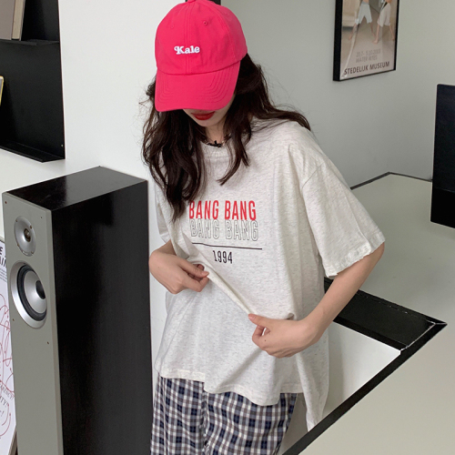 Actual shot of new summer style 2024 Korean design letter print loose casual mid-length short-sleeved T-shirt for women