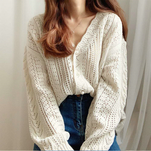 Spring and Autumn New Korean Chic Retro Hollow Lazy Style Wool Jacket Crocheted Sweater V-neck Knitted Cardigan for Women