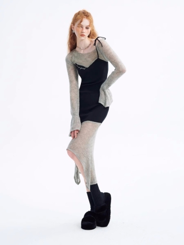 Azepam fashionable and avant-garde design fake two-piece spliced ​​irregular fishtail woolen suspender dress