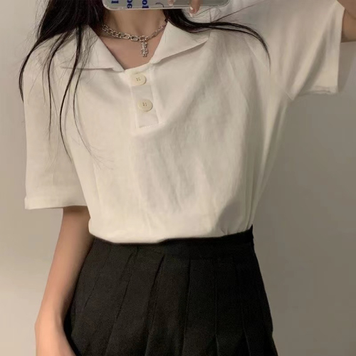 65/35 cotton polo shirt short-sleeved T-shirt women's loose Korean style student ins Harajuku style chic Korean style half-sleeved top
