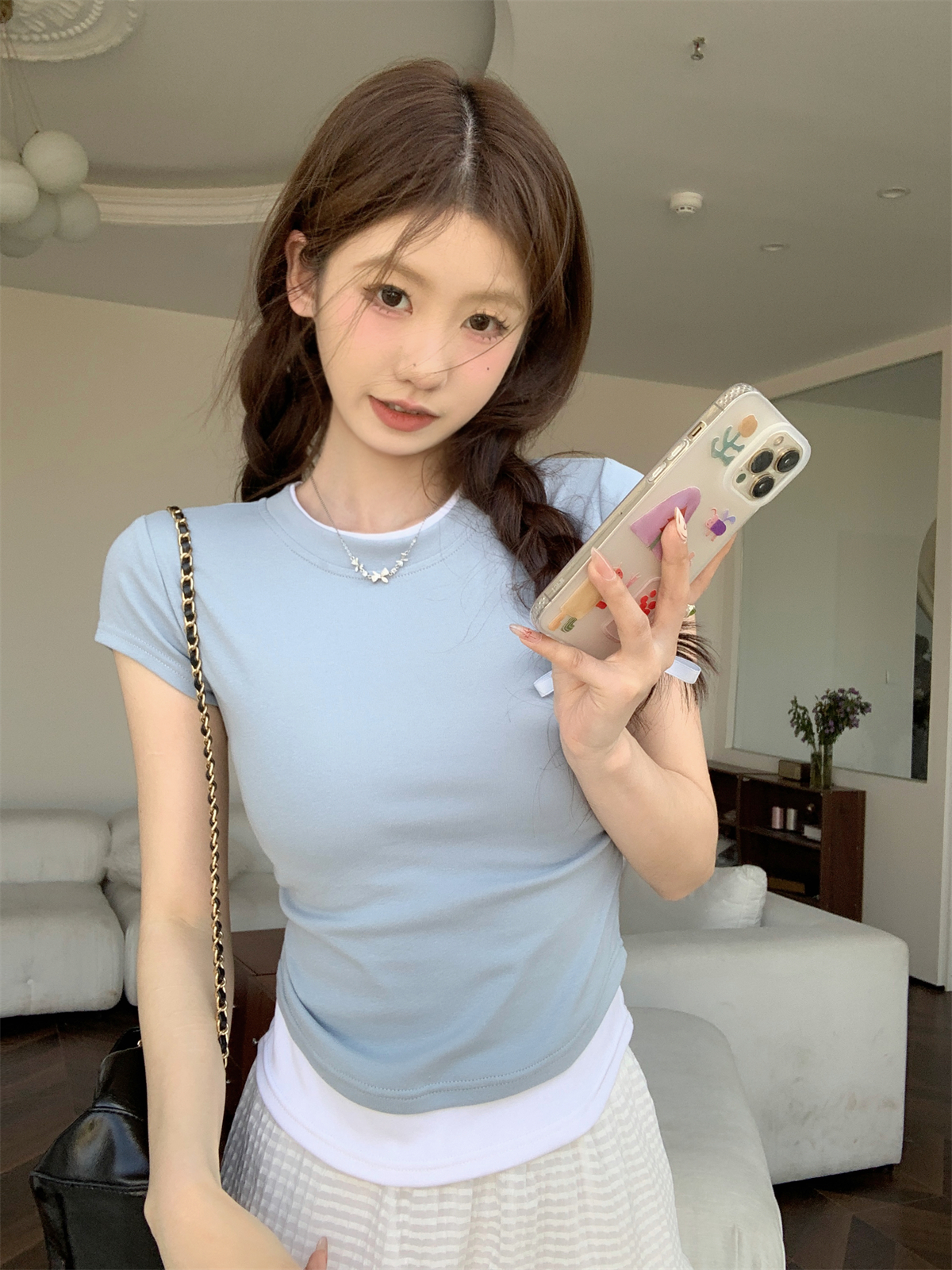 Actual shot of summer Korean style slim-fit contrasting fake two-piece pleated design versatile pure cotton short-sleeved T-shirt top