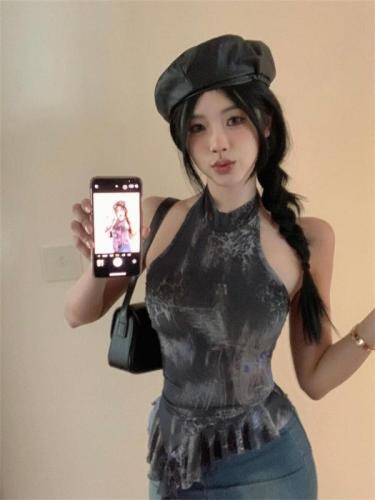 Real shot of black half-high collar ruffled vest for women in summer hot girl design sleeveless printed mesh top