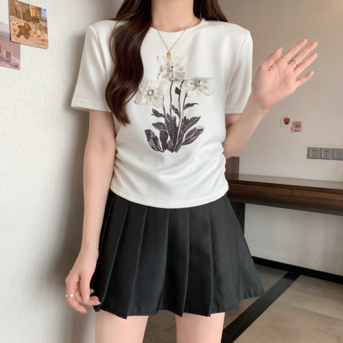 Real shot~Large size fat girl plate heavy industry flower pleats cover the flesh and look slimming T-shirt top