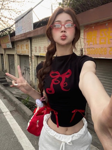 ffcheer 桃乐丝甜心 蝴蝶结印花正肩短袖辣妹T恤夏季女修身上衣