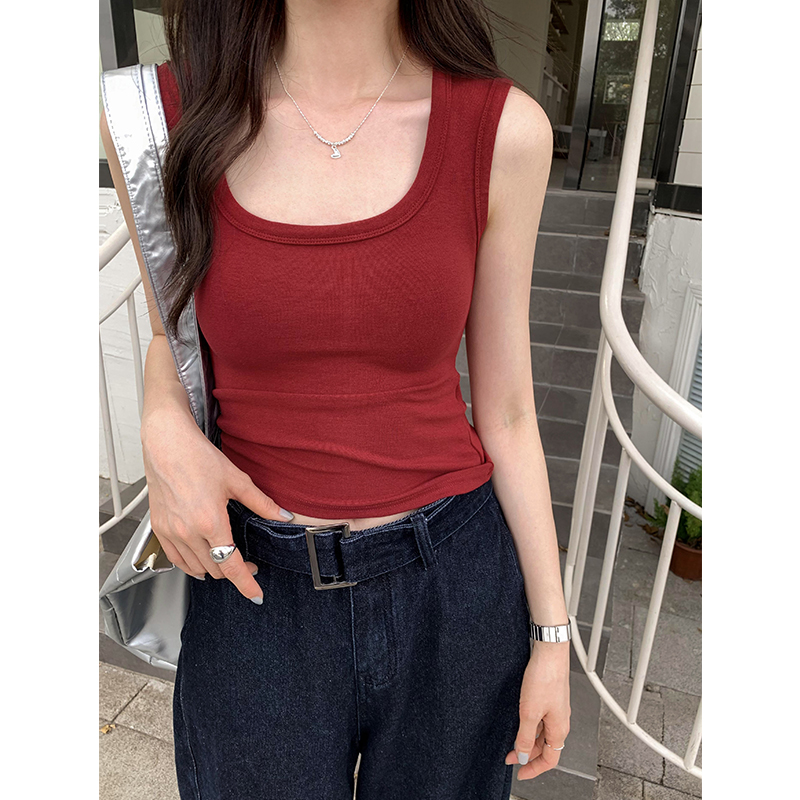 Real shot of red square collar sleeveless top for women 2024 new summer style casual slim short bottoming vest