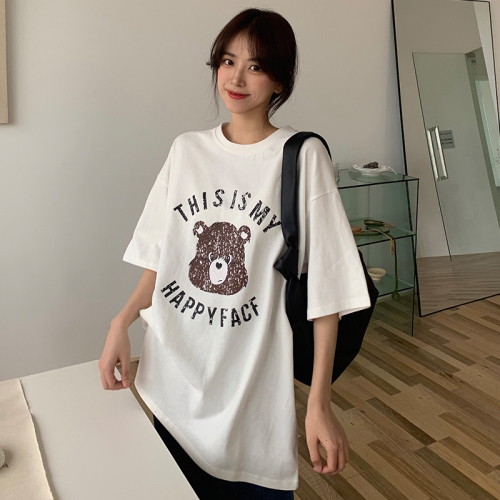 Real shot of pure cotton short-sleeved T-shirt new cute bear print loose pure cotton casual slimming Korean style top