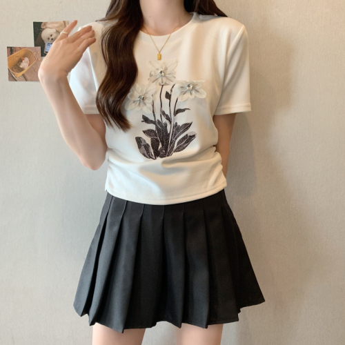 Real shot~Large size fat girl plate heavy industry flower pleats cover the flesh and look slimming T-shirt top