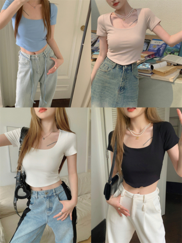 Real shot~Cool hot girl style U-neck bust-showing short tight short-sleeved T-shirt sexy navel top