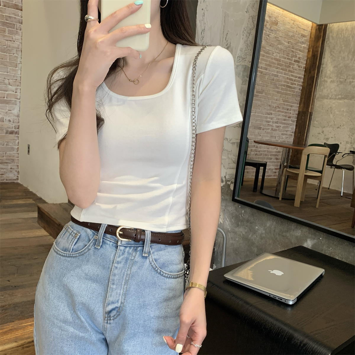 Real shot Summer Korean style slim square collar fishbone slimming simple and versatile pure cotton short-sleeved T-shirt top for women