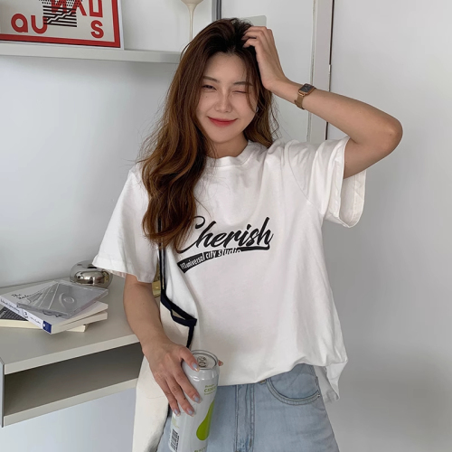 Actual shot of 200g pure cotton 2024 new Korean version loose printed letters casual short-sleeved T-shirt women's tops