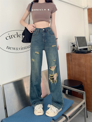 Real shot of retro high-waisted ripped jeans for women summer thin 2024 new loose and drapey wide-leg floor-length pants