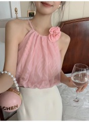 New Summer Top with Round Neck, Off-the-Shoulder, Pleated, Short, Loose, Elegant, Sweet, 3D Floral Hooded Backless Blouse for Women