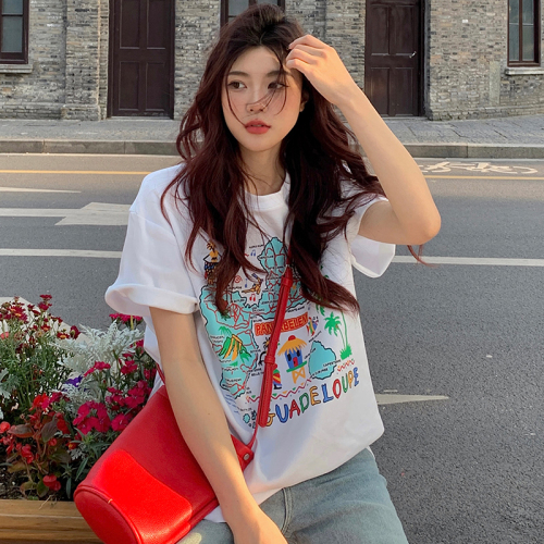 Actual shot of 100% cotton island print short-sleeved T-shirt for women loose Korean style student top