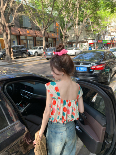 Real shot~Summer new design sweet oil painting floral small flying sleeve short vest top