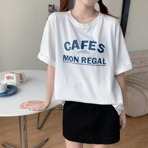 Real shot of Korean style loose letter print summer new half-sleeved mid-length short-sleeved T-shirt for women