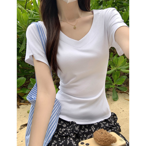 Real shot of pink V-neck right shoulder short-sleeved T-shirt for women in summer solid color basic versatile low-neck clavicle waist top