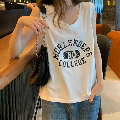 Actual shot of 6535 stretch cotton 2024 new letter printed versatile loose sleeveless t-shirt women's vest