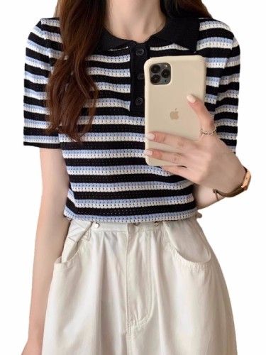 Summer design niche polo collar striped short-sleeved T-shirt for women, super popular and versatile thin knitted top for women
