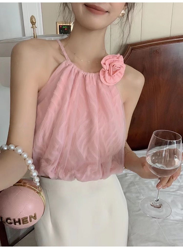 夏裝新款圓領露肩褶皺短款寬鬆氣質甜美立體花朵套頭背心女