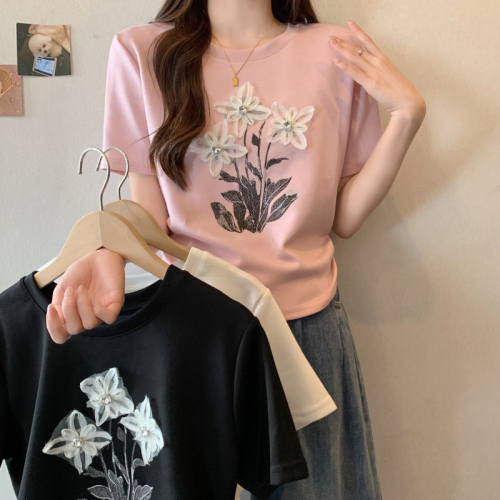 Real shot~Large size fat girl plate heavy industry flower pleats cover the flesh and look slimming T-shirt top