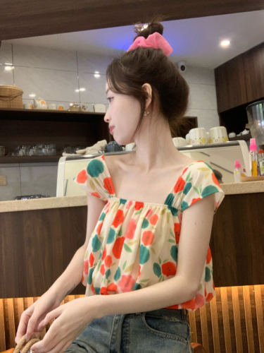 Real shot~Summer new design sweet oil painting floral small flying sleeve short vest top