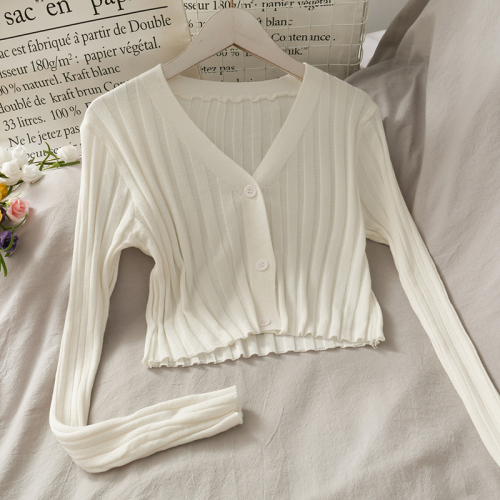 Korean style short slim fit three-button solid color woolen top for women summer vertical striped long-sleeved cardigan sweater