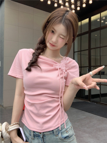 Real shot Summer new style irregular design three-dimensional embroidered butterfly decorated short-sleeved T-shirt top