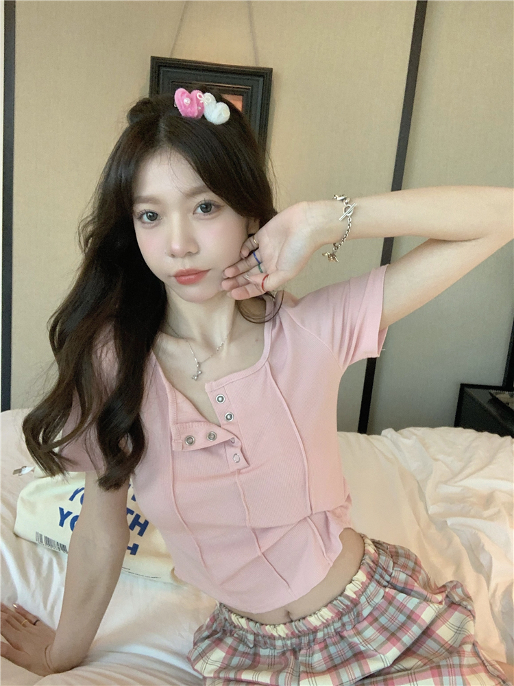 Real shot~Sexy hot girl pure lust style slim short-sleeved T-shirt irregular bottoming shirt female short chic top