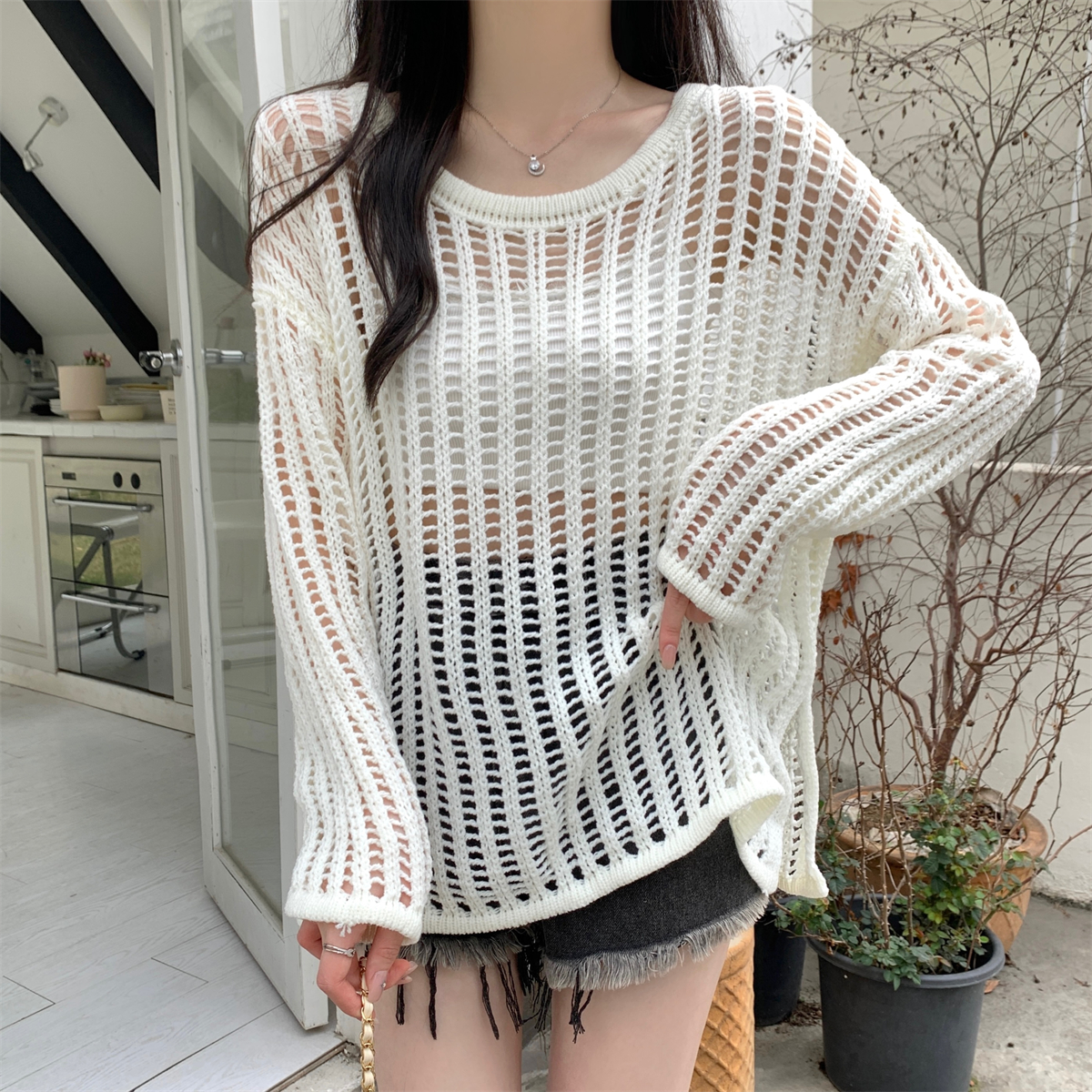 Real shot Summer Korean style loose hollow design mid-length sun protection cover-up knitted long-sleeved top for women