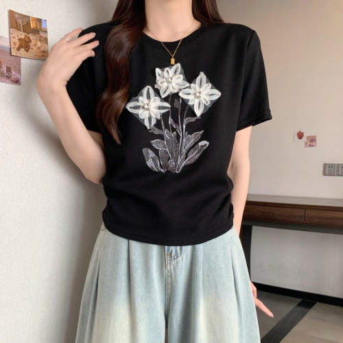 Real shot~Large size fat girl plate heavy industry flower pleats cover the flesh and look slimming T-shirt top