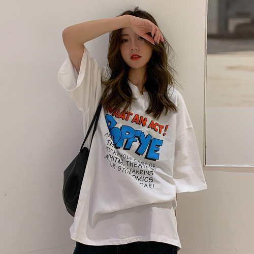 Actual shot of 200g pure cotton large size loose mid-length versatile letter printed casual short-sleeved T-shirt for women