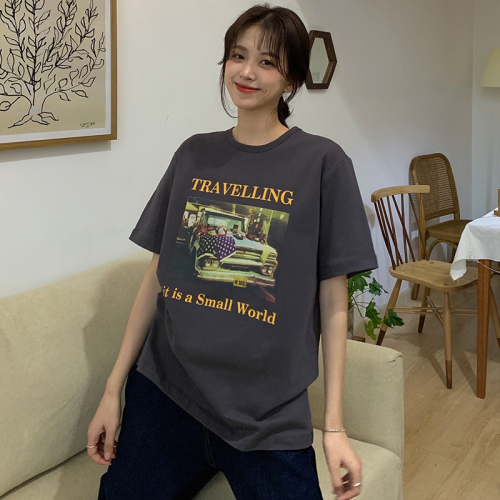 Real shot of pure cotton American hip-hop short-sleeved T-shirt for women summer loose ins retro oversize top half-sleeved