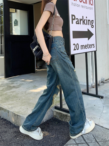 Real shot of retro high-waisted ripped jeans for women summer thin 2024 new loose and drapey wide-leg floor-length pants