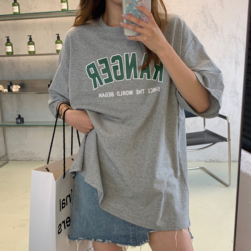 Actual shot of 200g pure cotton 2024 summer new style letter printed short-sleeved female student mid-length t-shirt