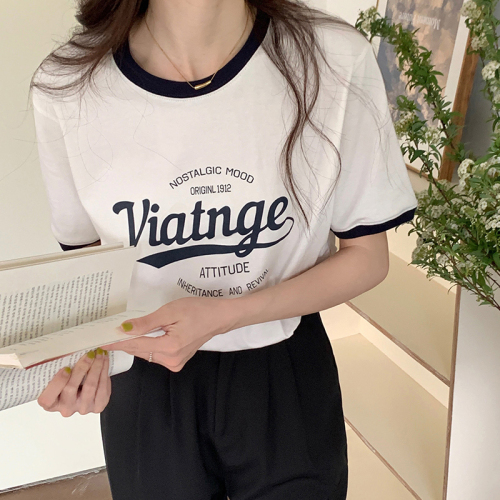 Actual shot of 200g pure cotton raglan back collar American retro print contrasting right shoulder short-sleeved T-shirt for women