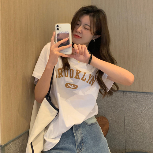 Actual shot of 200g pure cotton four-color pure cotton 2024 new summer short-sleeved female letters Korean version versatile T-shirt trend