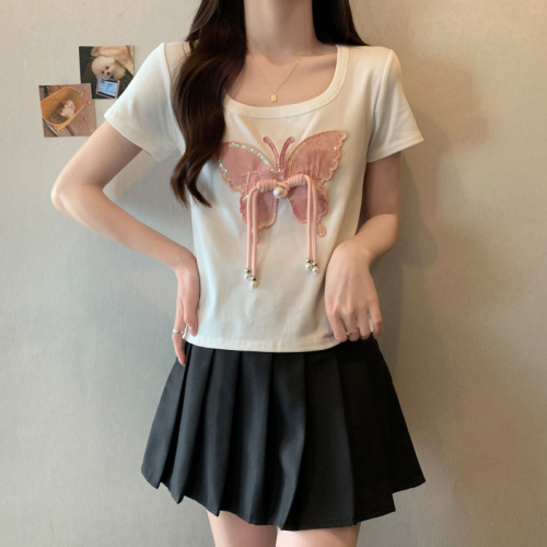 Real shot of large size new Chinese style heavy industry beading butterfly short-sleeved T-shirt new mid-length round neck half-sleeved top