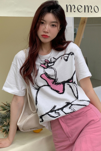 Actual shot of 200g pure cotton raglan back collar personalized deer print short-sleeved T-shirt for women summer new style