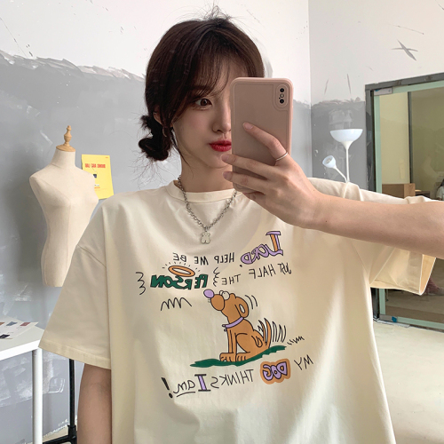 Real shot of pure cotton retro chic Hong Kong style short-sleeved T-shirt for women spring new cartoon printed T-shirt loose and trendy