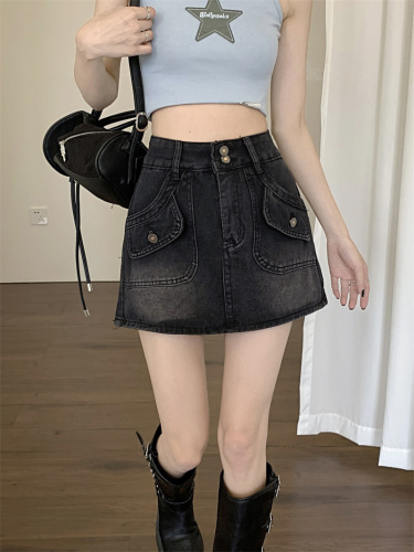 Real shot of denim skirt for women in spring new high-waisted slimming hot girl anti-exposure temperament hip-covering A-line short skirt