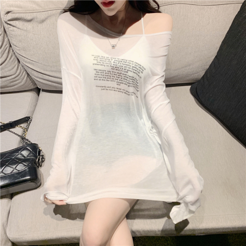 Jin Liang official photo original fabric loose t-shirt women's thin see-through front and back two-wear letter printed long-sleeved T-shirt